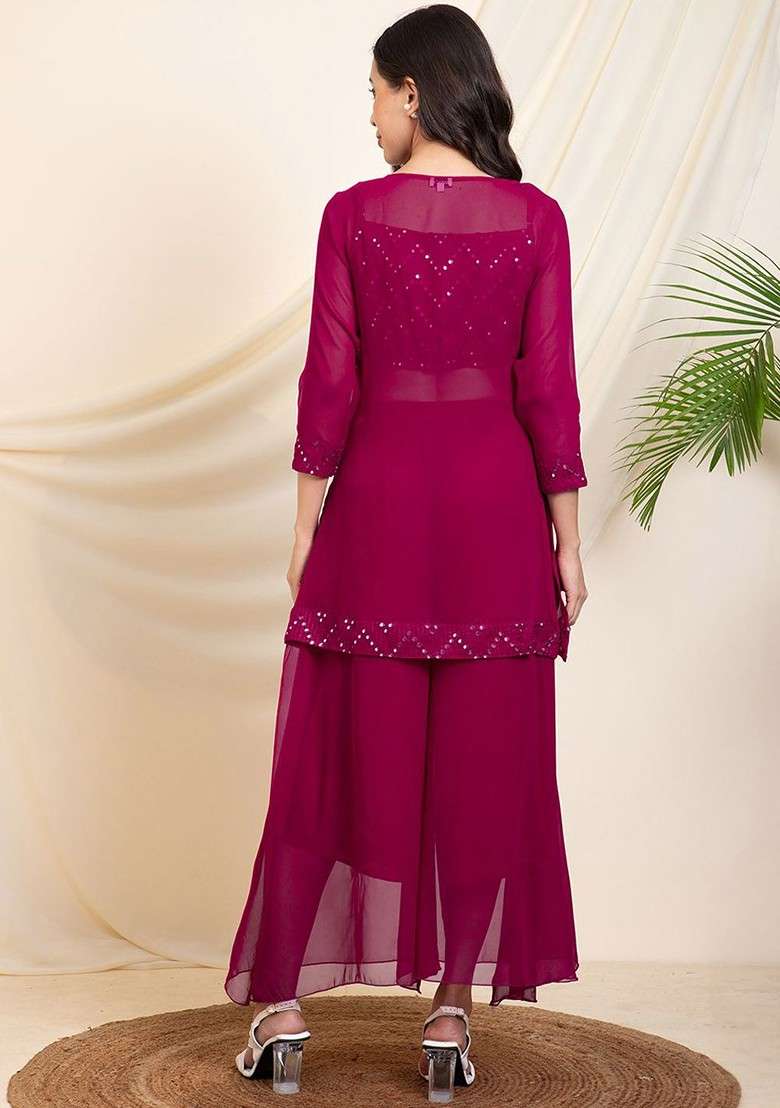 Magenta Embroidered V Neck Kurti; Top And Sharara Coords Set - Indya