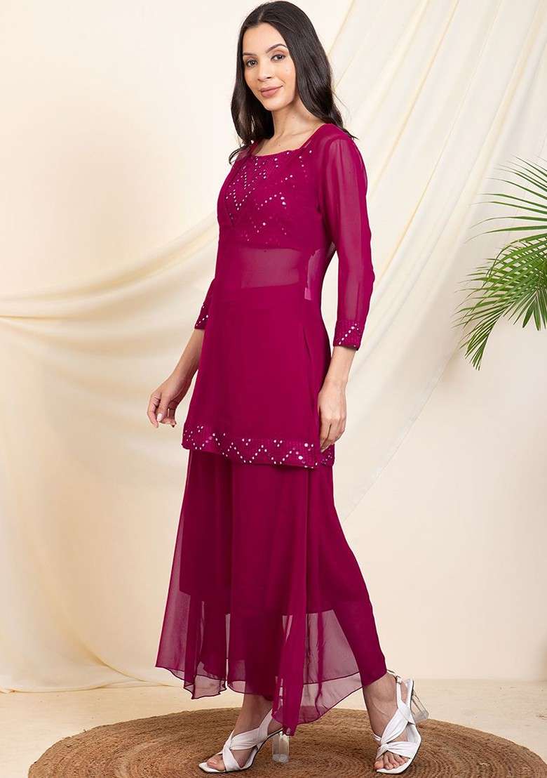 Magenta Embroidered V Neck Kurti; Top And Sharara Coords Set - Indya