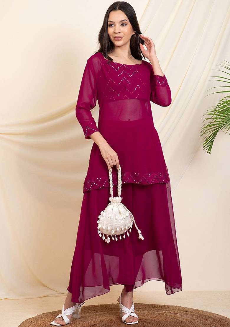 Magenta Embroidered V Neck Kurti; Top And Sharara Coords Set - Indya