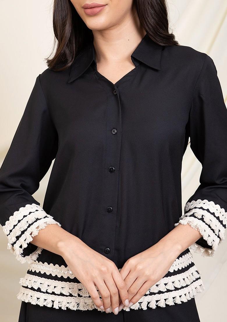 Black Shirt Collar Embellished Shirt With Palazzo - Indya