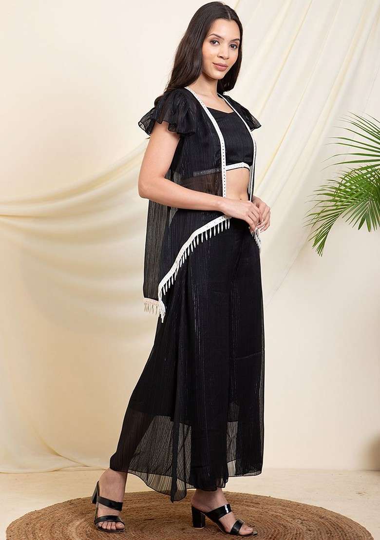 Black Embellished Shoulder Strap Crop Top And Shrug With Palazzos - Indya