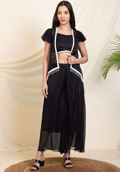 Black Embellished Shoulder Strap Crop Top And Shrug With Palazzos