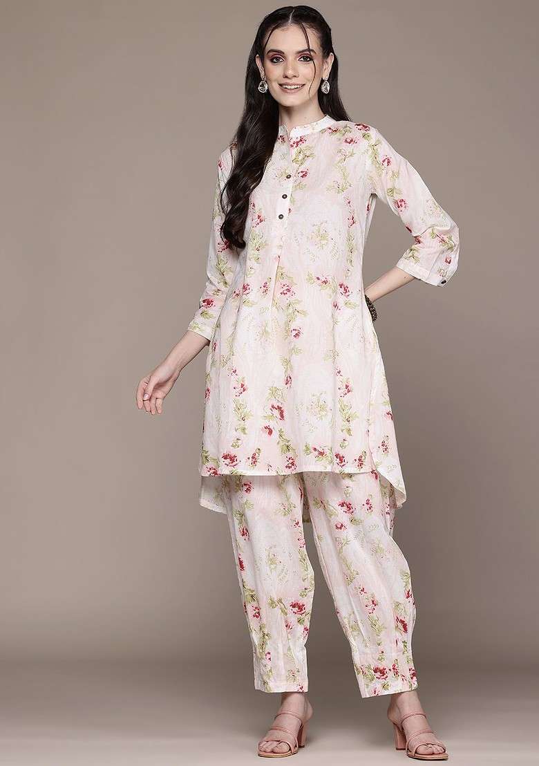 Peach Printed Pure Cotton Tunic With Trousers - Indya
