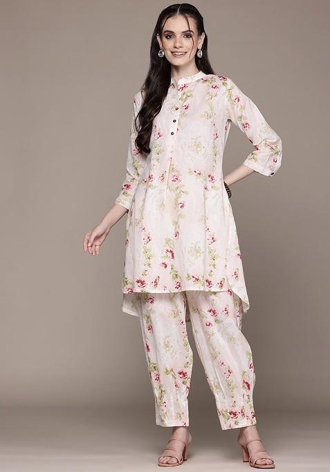 Peach Printed Pure Cotton Tunic With Trousers