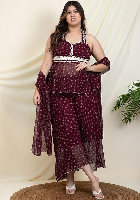 Maroon Plus Size Floral Printed Peplum Top With Palazzo And Duppatta — view on Indya