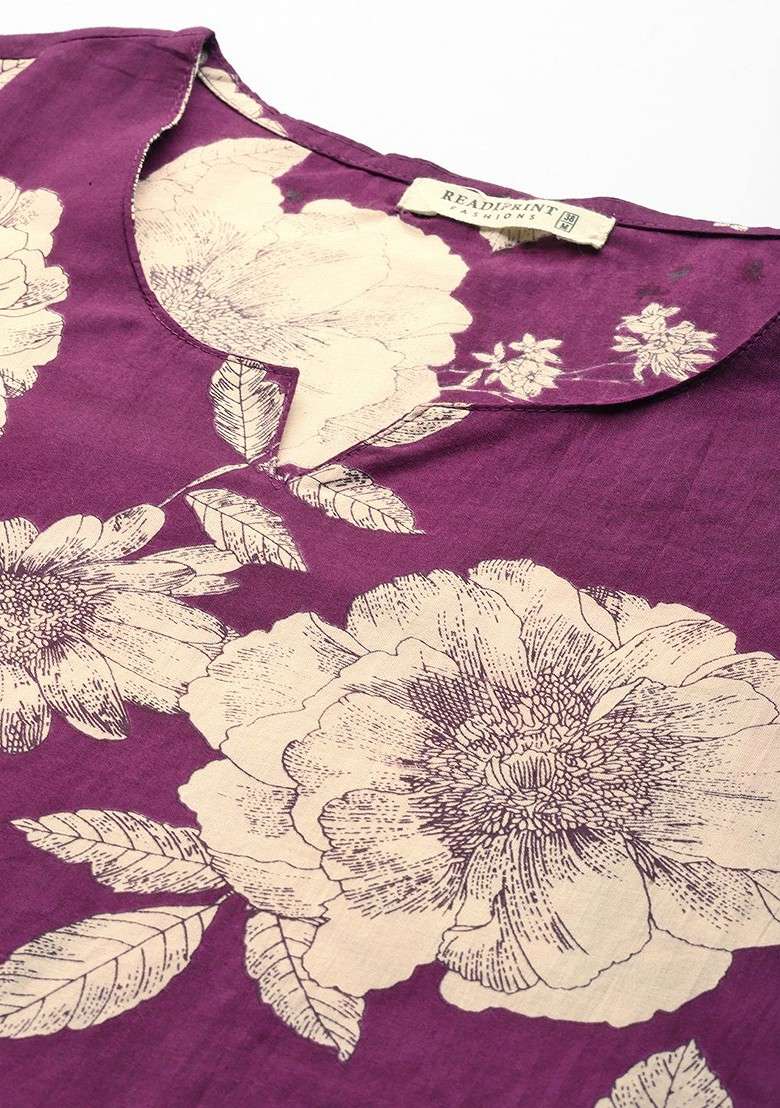 Purple Women Floral Printed Pure Cotton Tunic With Trousers And Scrunchie - Indya