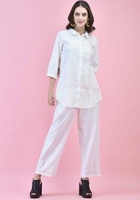 Off White Shirt Collar Linen Tunic With Trouser