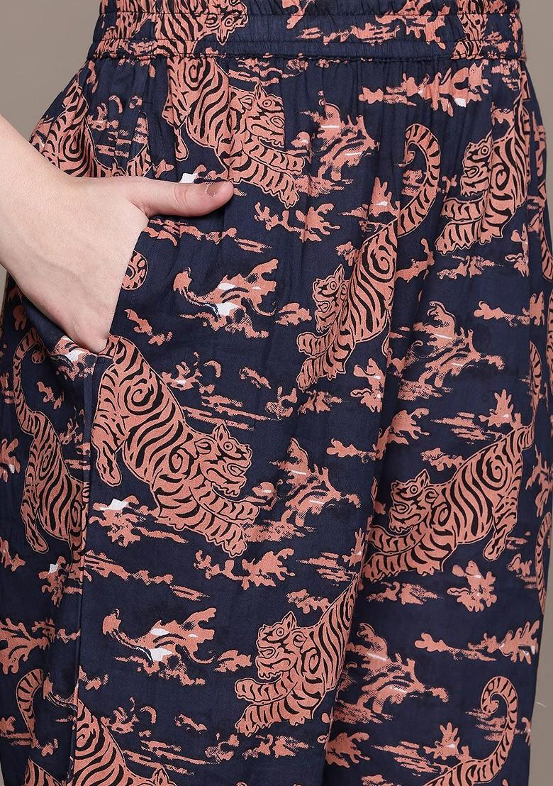 Navy Blue Printed Sleeveless Square Neck Pure Cotton Tunic With Trouser And Shrug - Indya