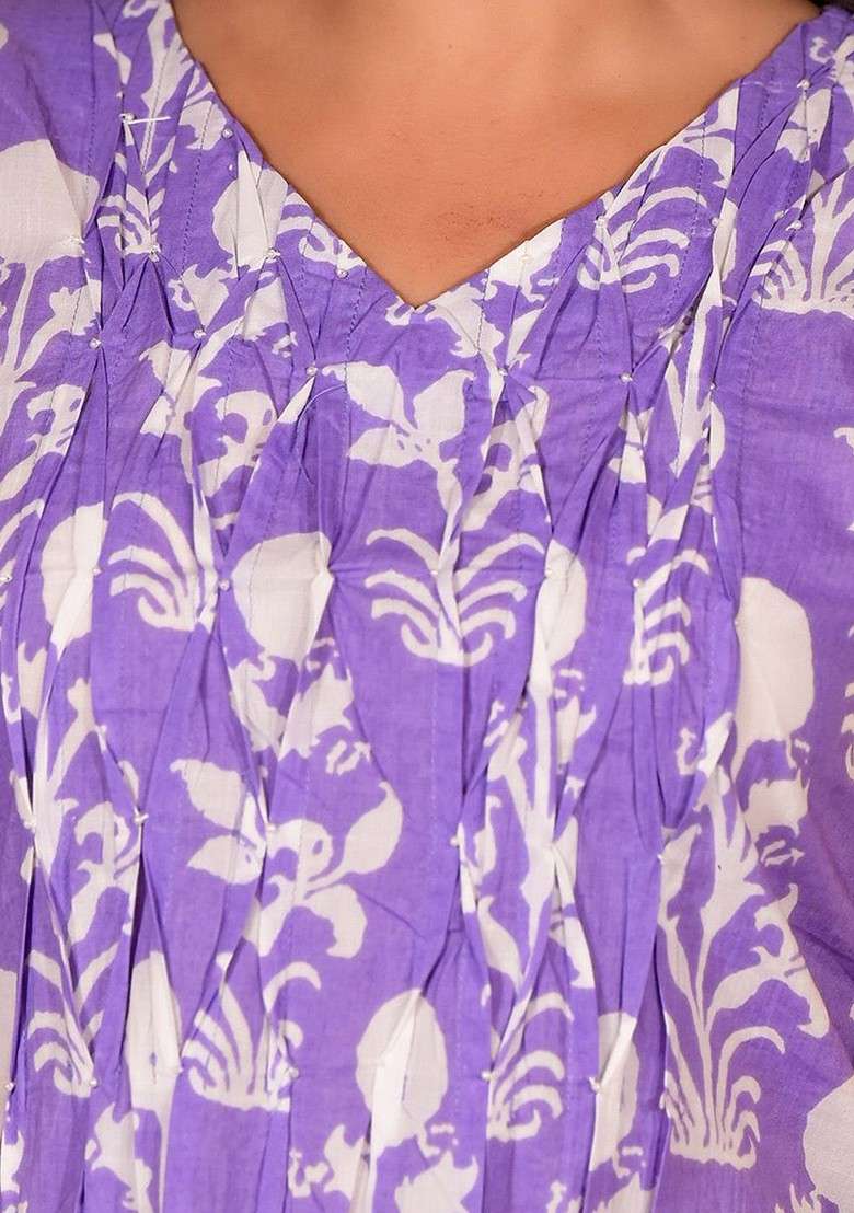 Lavender Floral Printed Pleated Pure Cotton Tunic Ith Trousers - Indya