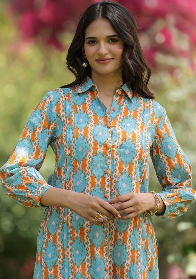 Blue Printed Pure Cotton Shirt Collar Tunic Ith Sal Ar - Indya