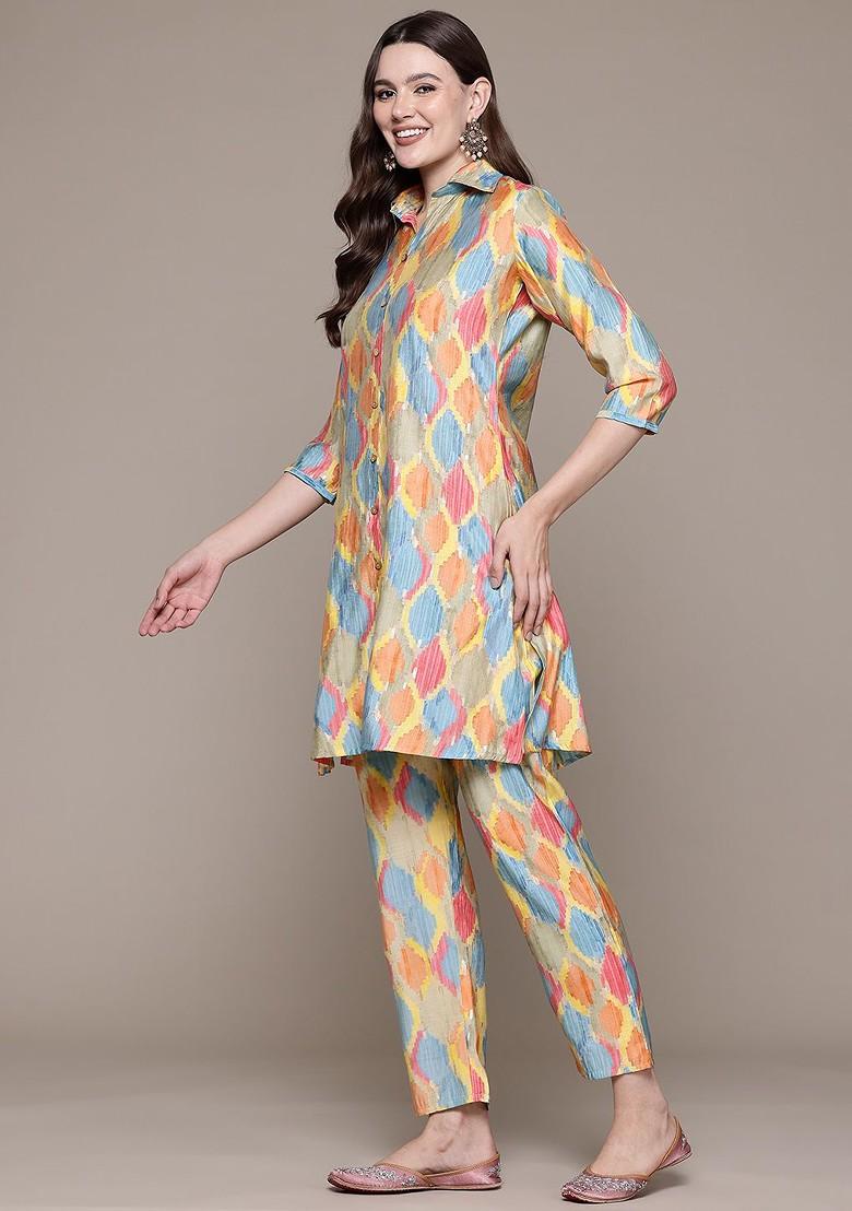 Multi Printed Pure Silk Tunic With Trousers - Indya