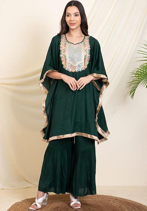 Green Embellished Kaftan With Sharara Coords — view on Indya