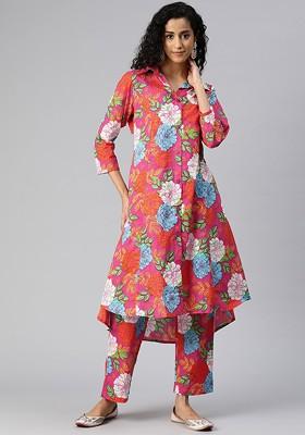 Pink Women Printed Pure Cotton Tunic With Palazzos