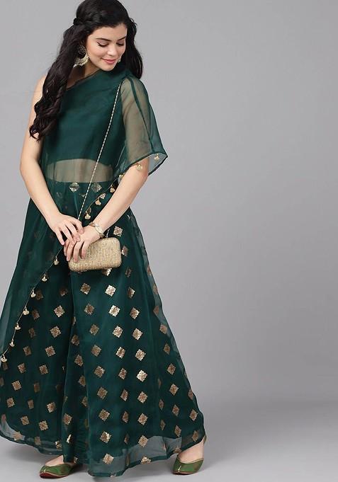Green Ethnic Motifs Foil Printed Ethnic Coords