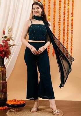 Green Embellished Crop Top And Pant Coord Set