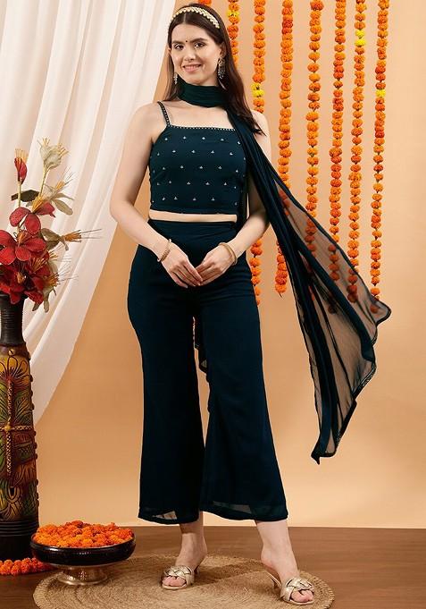 Green Embellished Crop Top And Pant Coord Set