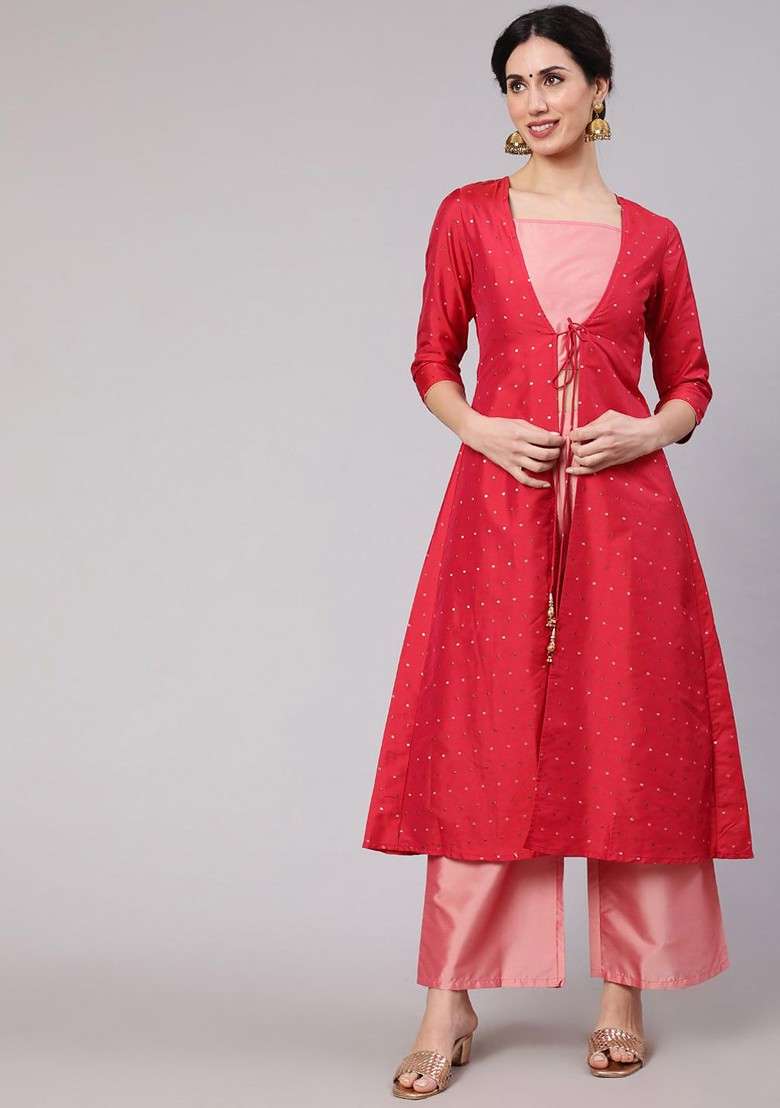 Red Crop Top And Palazzo With Jacket - Indya