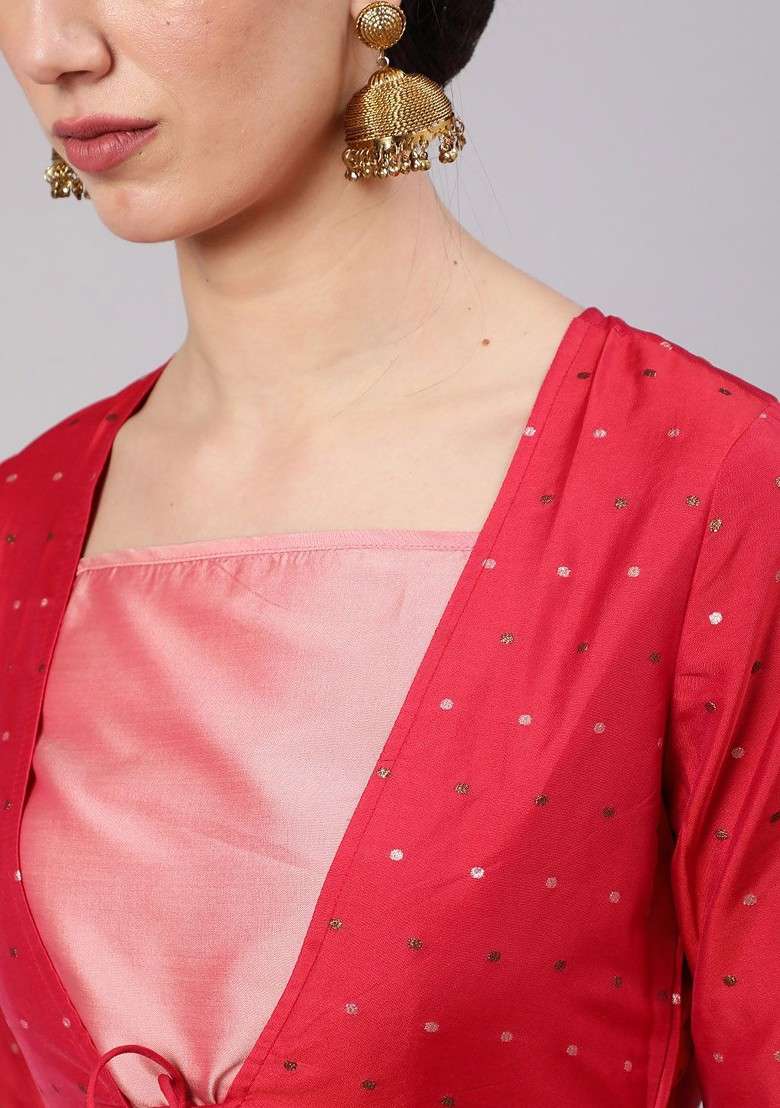 Red Crop Top And Palazzo With Jacket - Indya