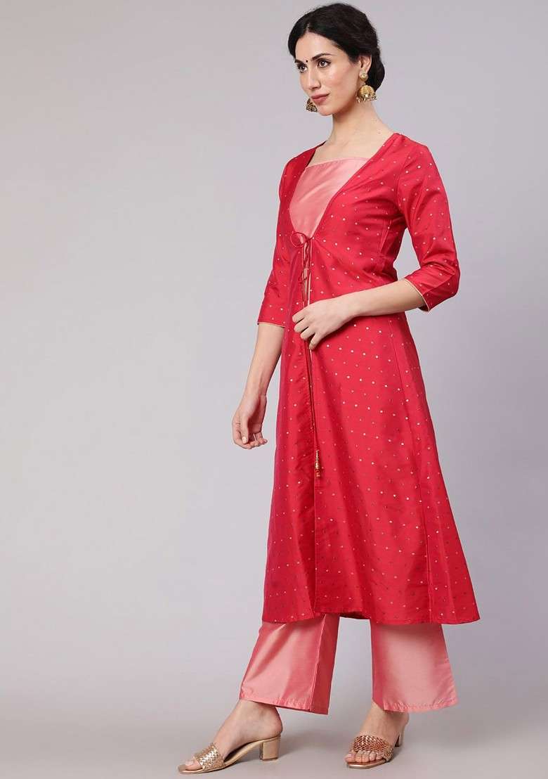 Red Crop Top And Palazzo With Jacket - Indya