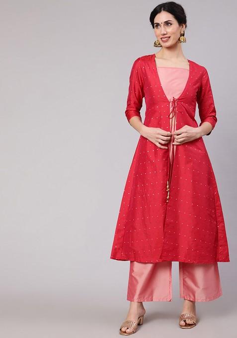 Red Crop Top And Palazzo With Jacket — view on Indya