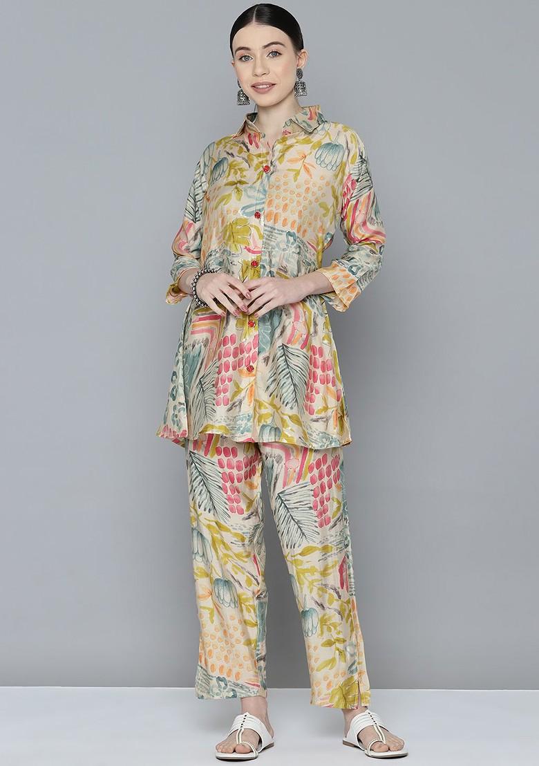 Beige Women Printed Tunic With Trousers - Indya