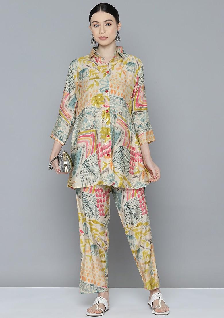 Beige Women Printed Tunic With Trousers
