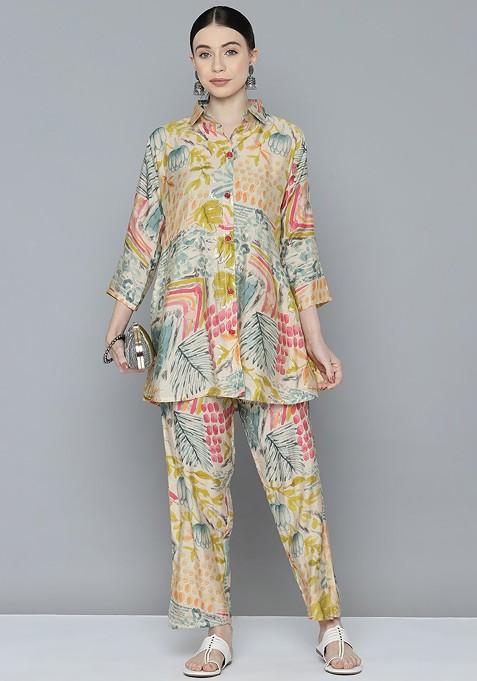 Beige Women Printed Tunic With Trousers
