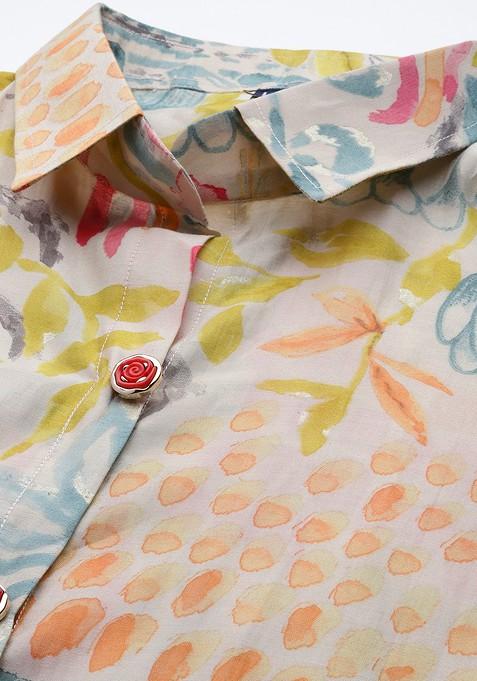 Beige Women Printed Tunic With Trousers