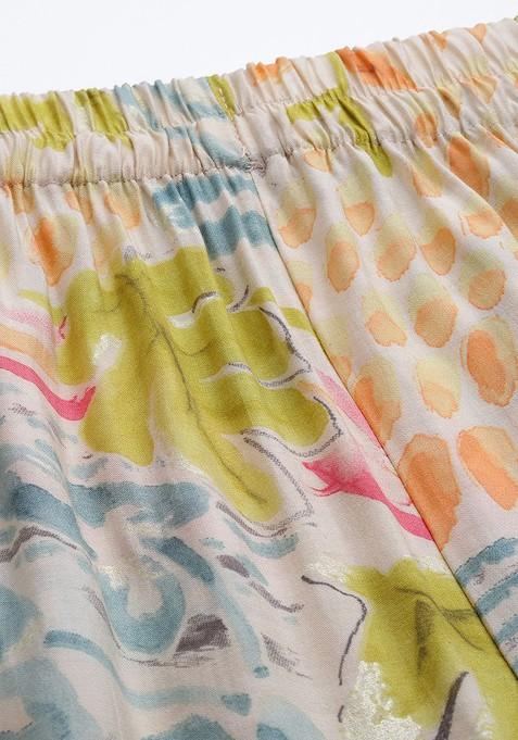 Beige Women Printed Tunic With Trousers