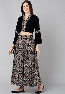 Black Women Black Pure Cotton Crop Top With Skirt