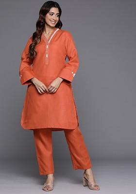 Orange Embroidered Lace Detailed Co Ord Sets