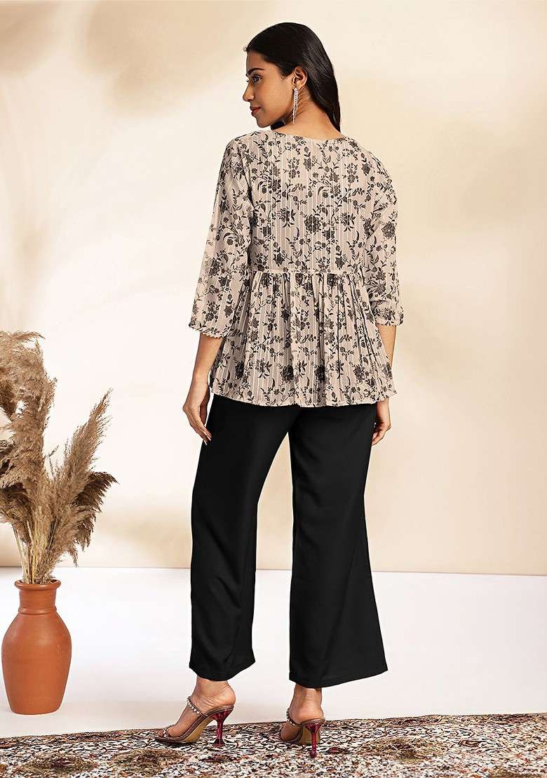 Black Printed Crop Top Shrug And Trousers Coords - Indya