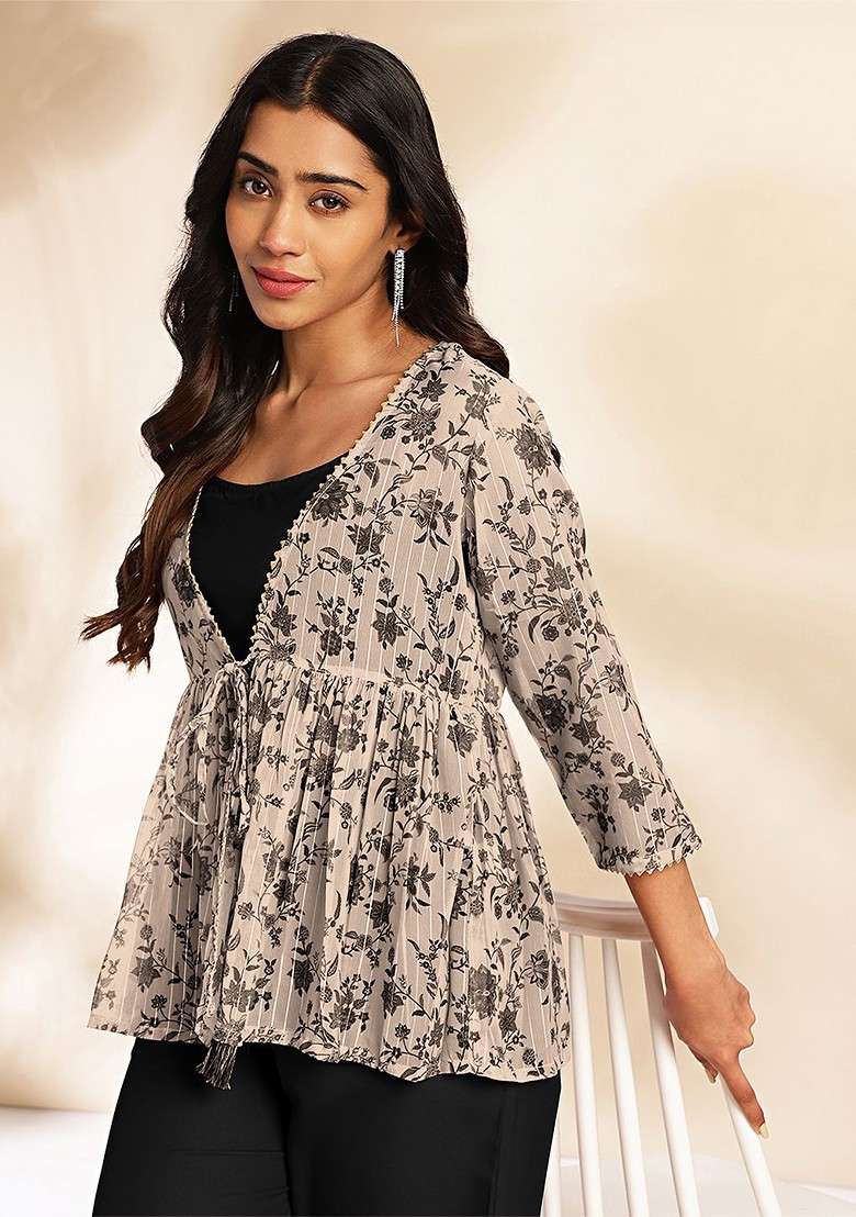 Black Printed Crop Top Shrug And Trousers Coords - Indya