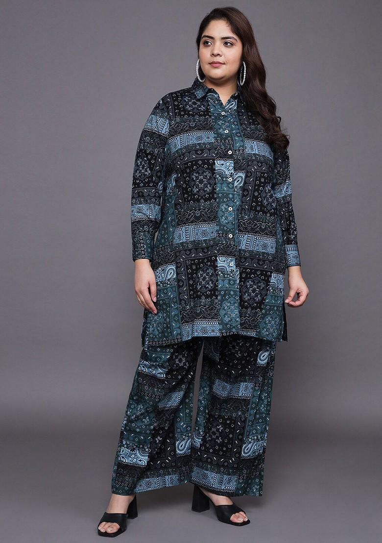 Black Plus Size Printed Longline Pure Cotton Shirt With Palazzo