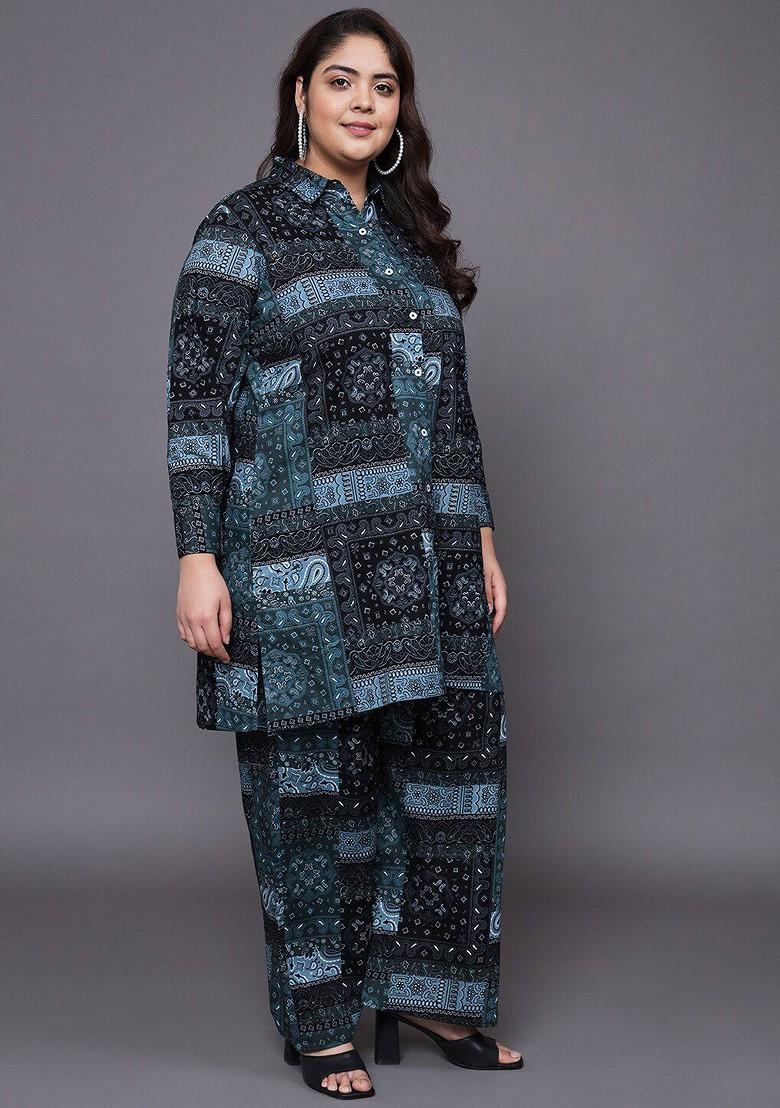 Black Plus Size Printed Longline Pure Cotton Shirt With Palazzo