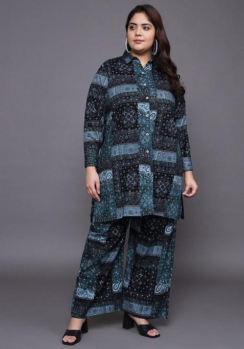 Black Plus Size Printed Longline Pure Cotton Shirt With Palazzo