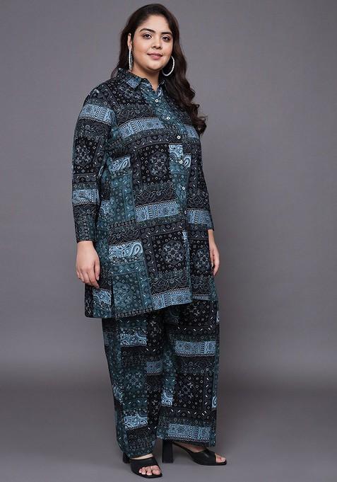 Black Plus Size Printed Longline Pure Cotton Shirt With Palazzo