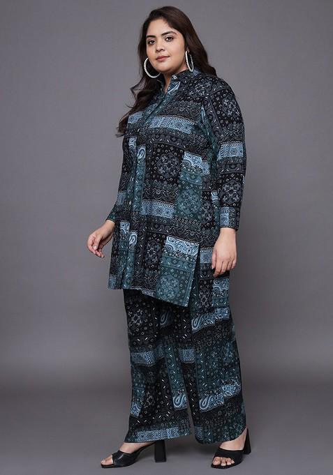 Black Plus Size Printed Longline Pure Cotton Shirt With Palazzo