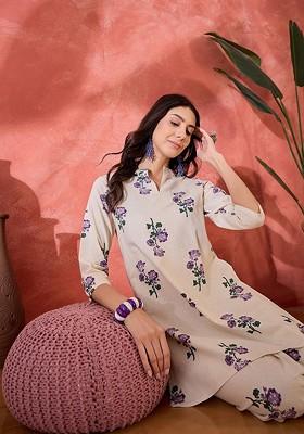 Off White Floral Printed Pure Cotton Tunic And Palazzo Coord Set