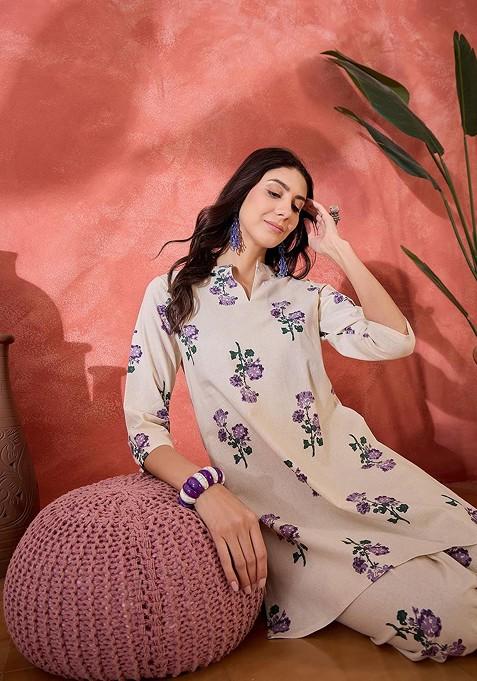 Off White Floral Printed Pure Cotton Tunic And Palazzo Coord Set