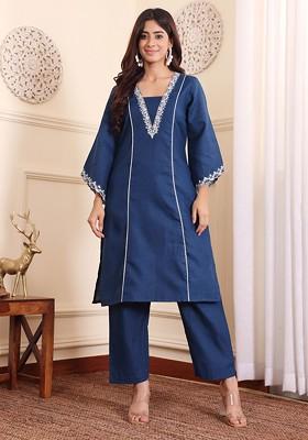 Navy Blue Navy Blue And White Square Neck Floral Embroidered Top With Trouser