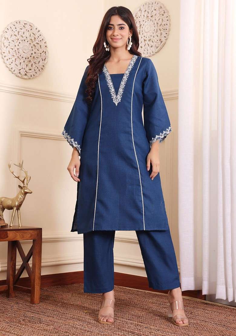 Navy Blue Navy Blue And White Square Neck Floral Embroidered Top With Trouser - Indya