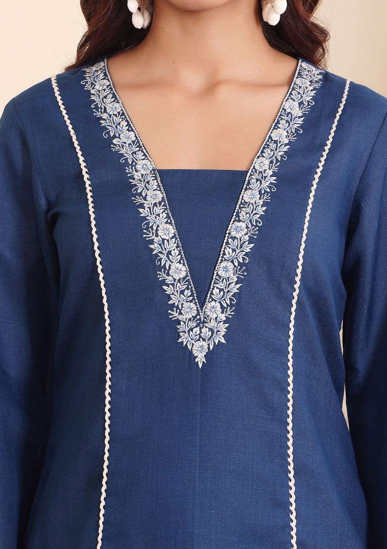 Navy Blue Navy Blue And White Square Neck Floral Embroidered Top With Trouser - Indya