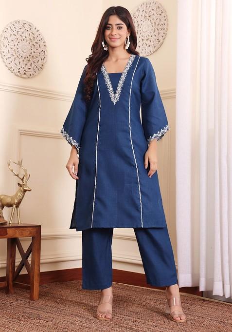 Navy Blue Navy Blue And White Square Neck Floral Embroidered Top With Trouser