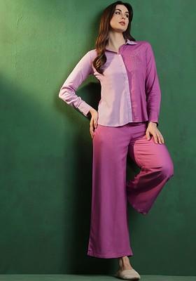 Purple Purple Embroidered Shirt Collar Shirt And Palazzo