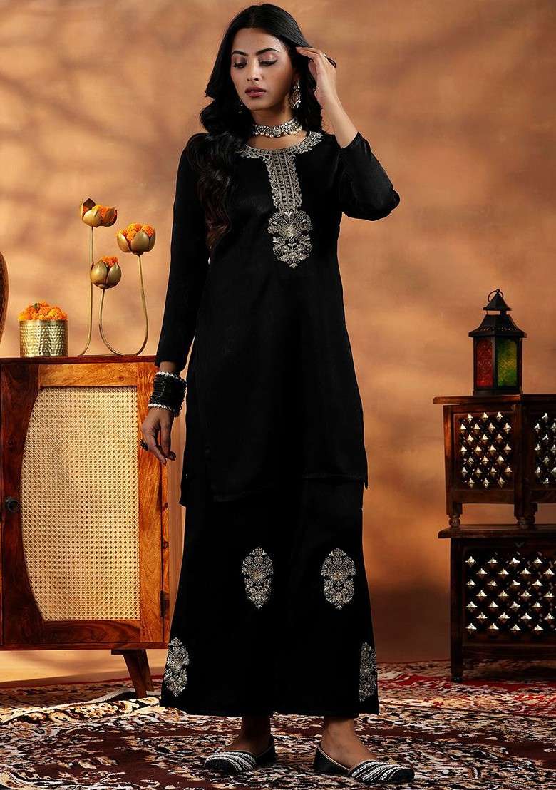 Black Floral Embroidered Sequinned Tunic With Palazzos - Indya