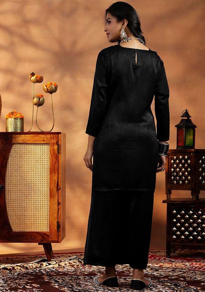 Black Floral Embroidered Sequinned Tunic With Palazzos - Indya