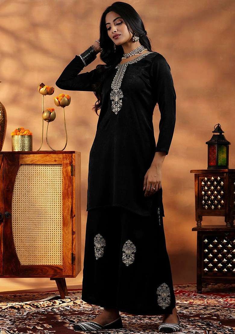 Black Floral Embroidered Sequinned Tunic With Palazzos - Indya