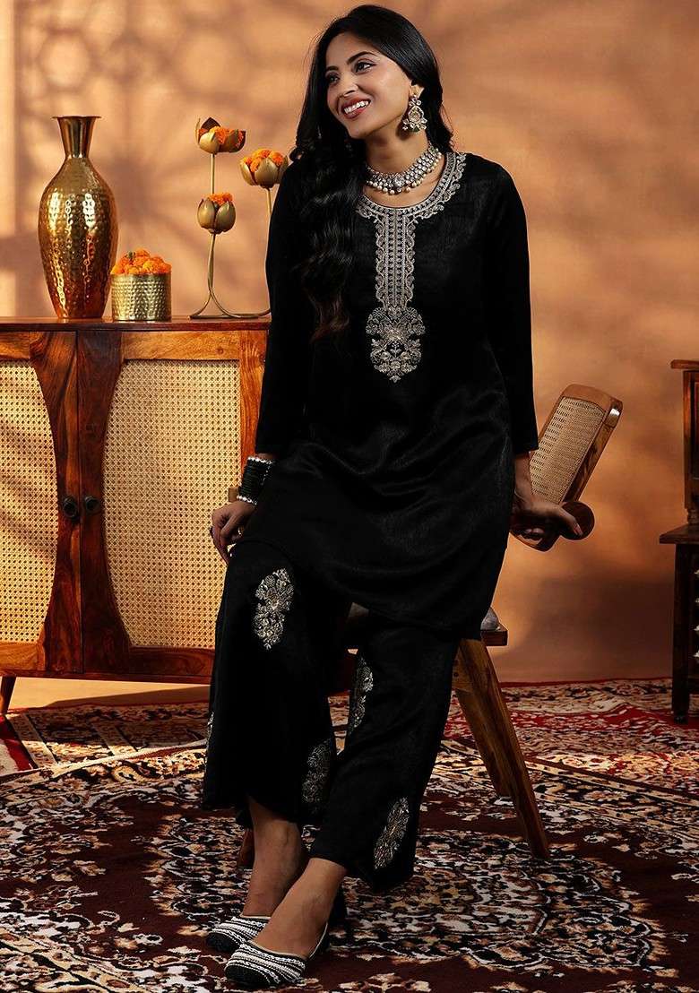 Black Floral Embroidered Sequinned Tunic With Palazzos - Indya