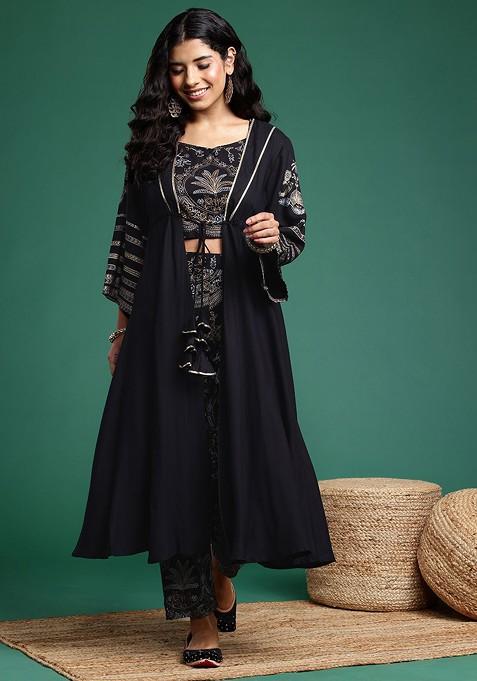 Black Foil Printed Crop Top And Trousers With Longline Shrug